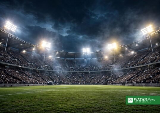 Real Madrid Tebas resignation — packed football stadium at night under floodlights