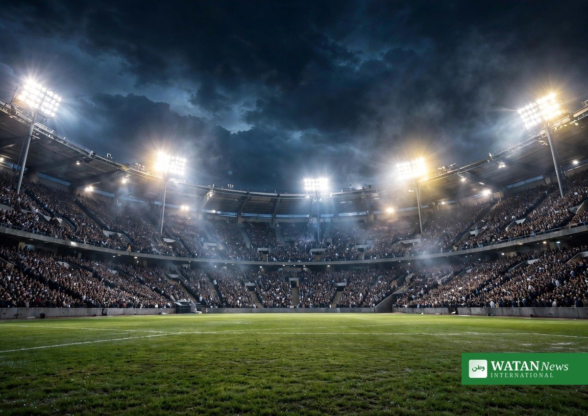 Real Madrid Tebas resignation — packed football stadium at night under floodlights