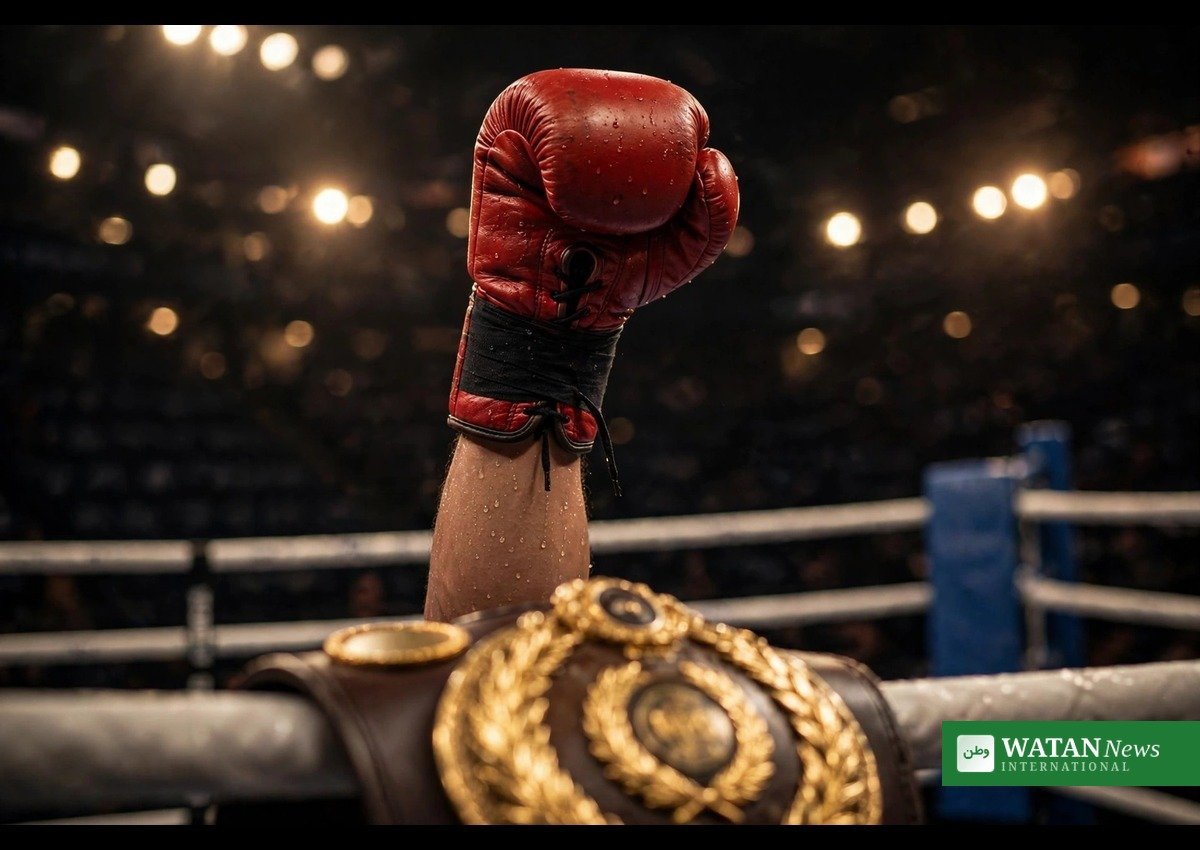 Boxing championship belt and raised glove after Dubois Wardley WBO heavyweight title fight
