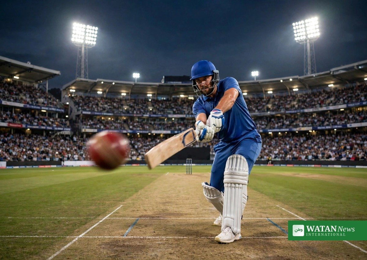 Fastest ODI double century illustration of a batter in England blue playing a shot under floodlights