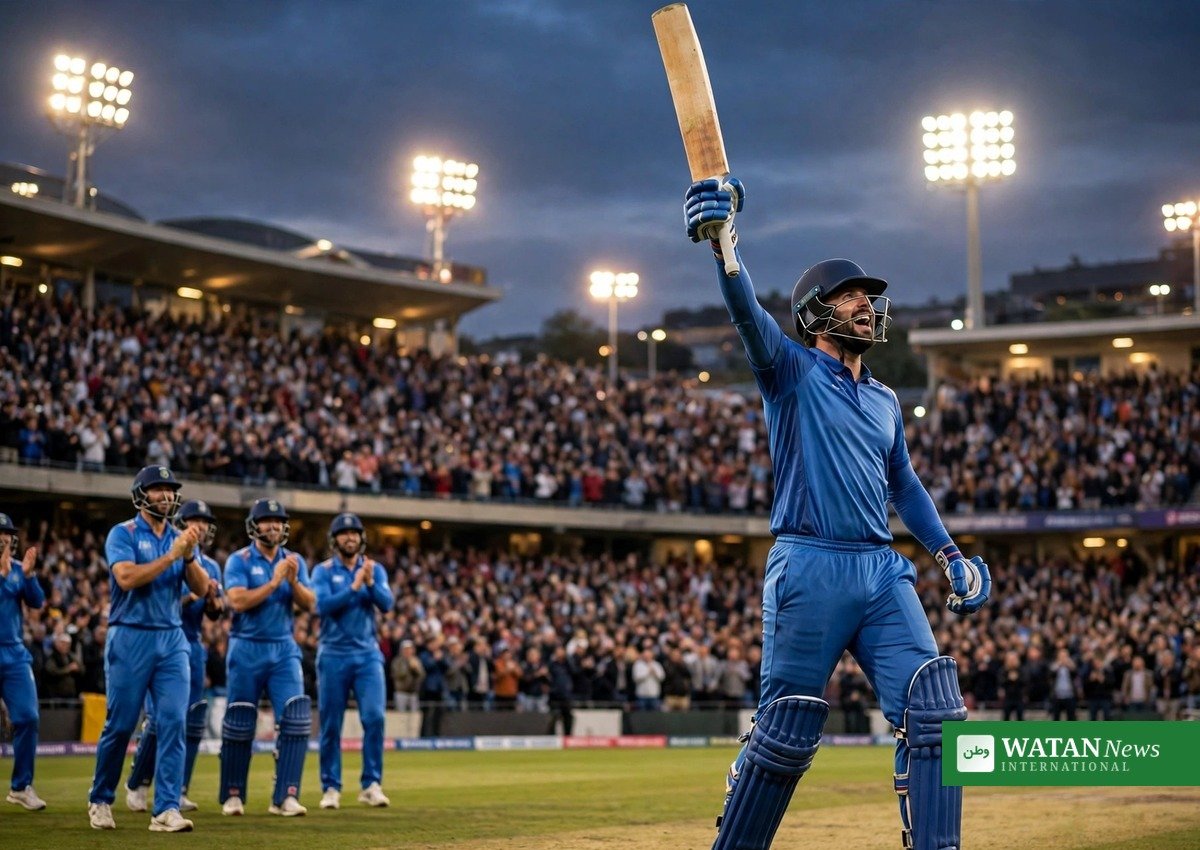 Fastest ODI double century illustration of a batter in England blue celebrating under floodlights