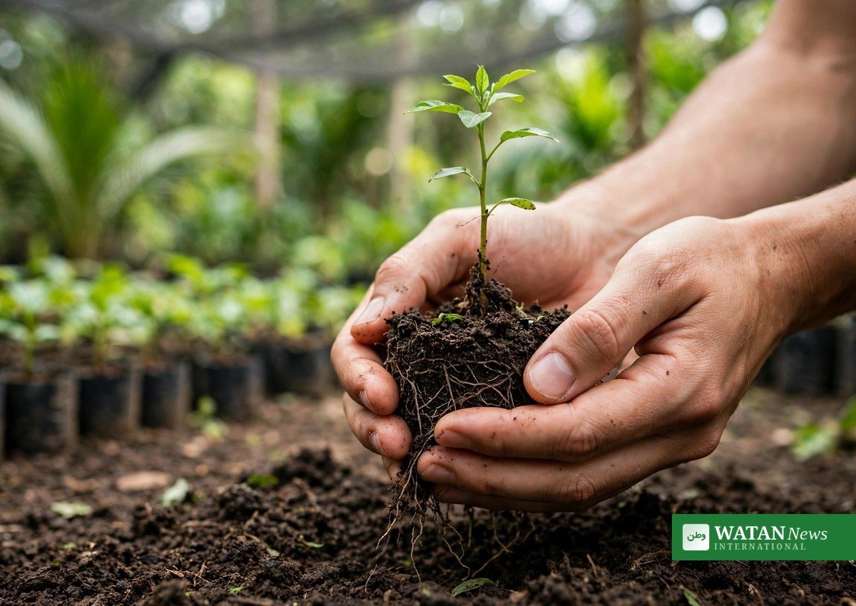 Tree seedling held in hands during Subri Forest Reserve restoration in Ghana