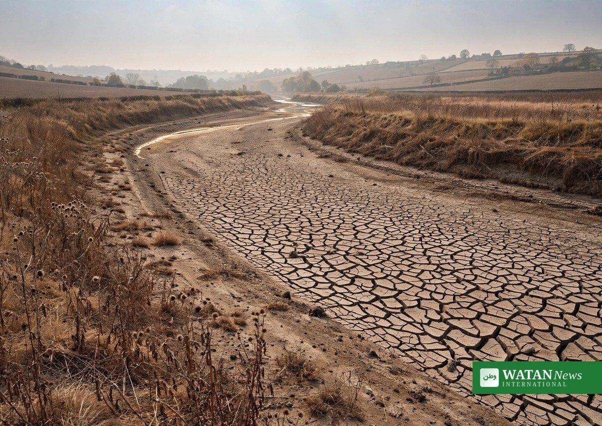 A dried, cracked riverbed in England during drought