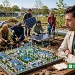 Scientist studying a glowing clean-tech city model while people plant trees and install solar panels, techno-optimistic scientists study