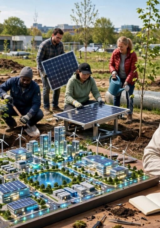 Scientist studying a glowing clean-tech city model while people plant trees and install solar panels, techno-optimistic scientists study