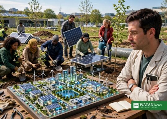 Scientist studying a glowing clean-tech city model while people plant trees and install solar panels, techno-optimistic scientists study