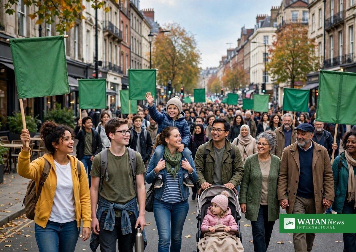 Fredelig klimamarch med grønne bannere, borgerligt klimatiltag i studie af tekno-optimistiske forskere