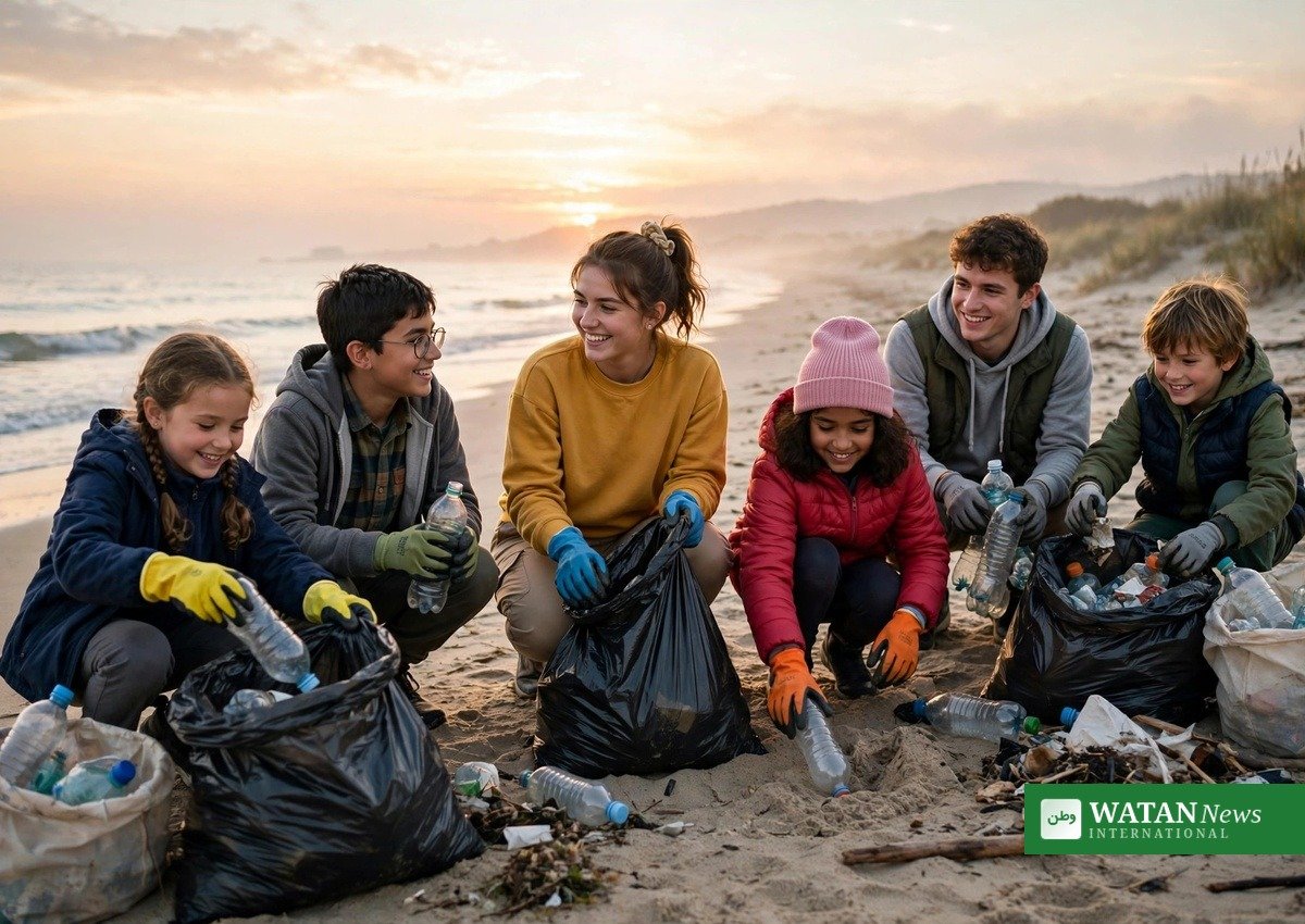 Unge frivillige samler plastflasker under en strandoprydning til CNN's Call to Earth Day 2026