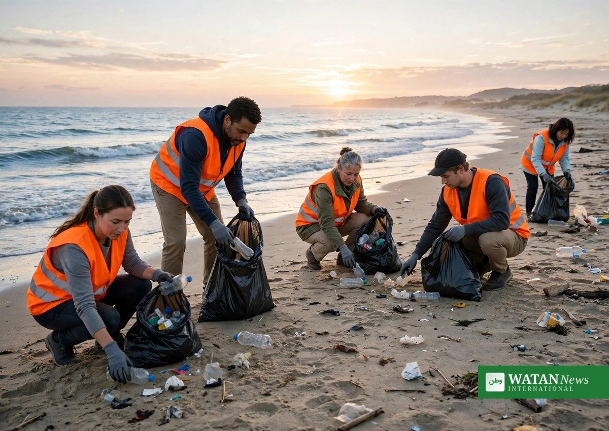 Volunteers collect plastic litter during a beach cleanup for Call to Earth Day 2026