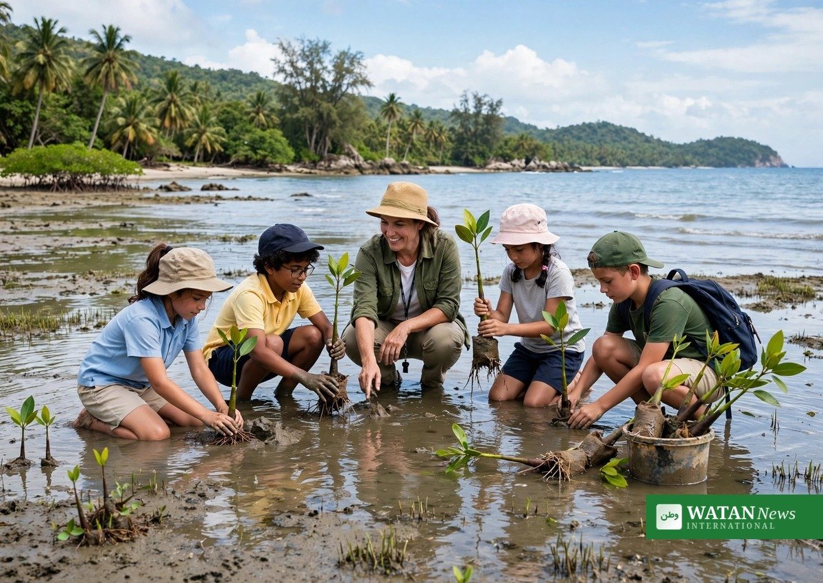 Students plant mangrove saplings during a Call to Earth Day 2026 conservation activity