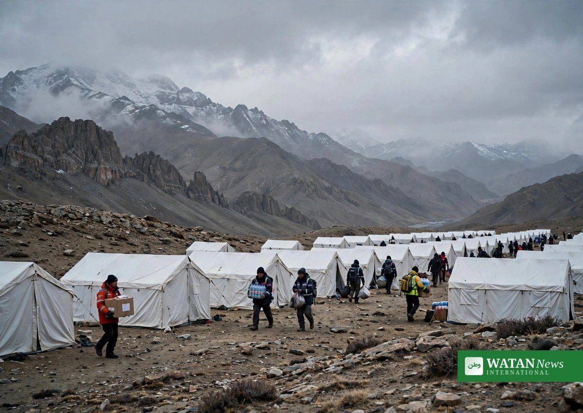 تبت کے پہاڑی علاقے میں زلزلے کے بعد امدادی خیمے اور کارکنوں کی علامتی تصویر