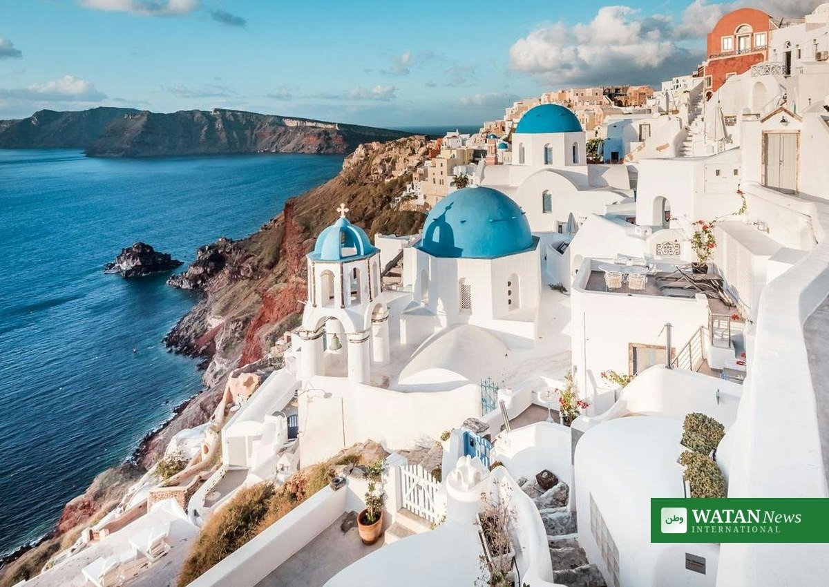 Santorini white buildings sea
