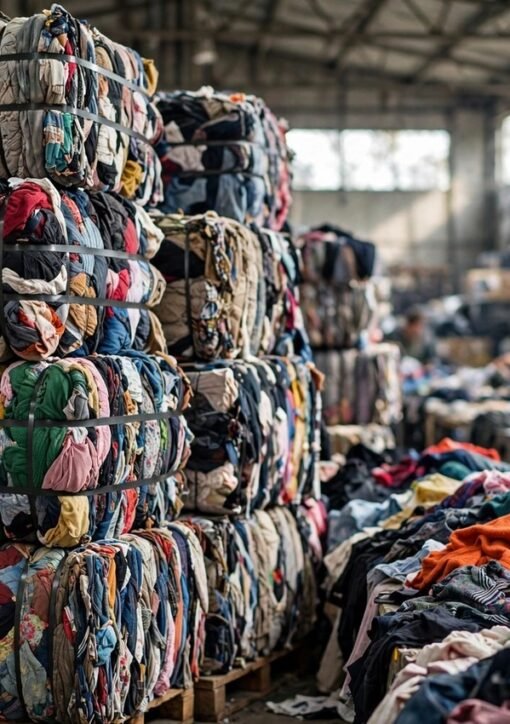 Baller med kasseret tøj stablet i tekstilsorteringslager — Textile Waste Reduction Act