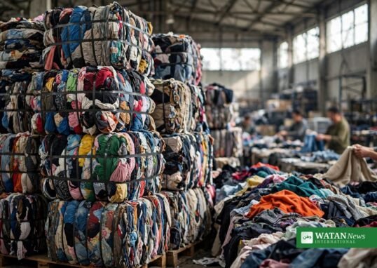 Bales of discarded clothing stacked in a textile sorting warehouse — Textile Waste Reduction Act