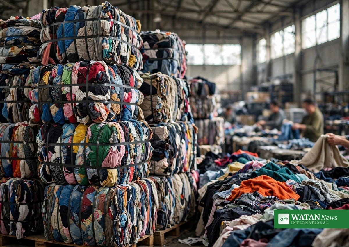 Bales of discarded clothing stacked in a textile sorting warehouse — Textile Waste Reduction Act