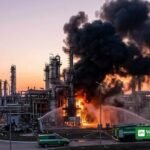 Thick black smoke rises over the Ufa oil refinery as firefighters battle a blaze after a reported drone attack