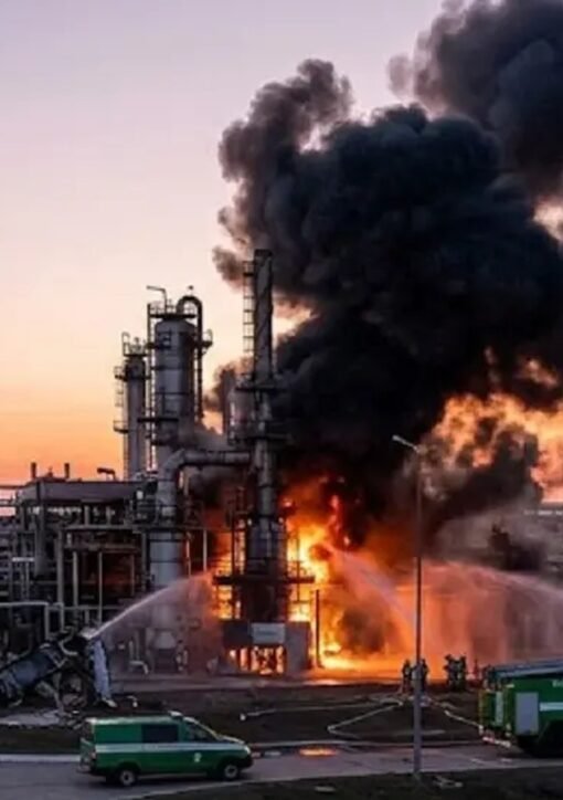 Thick black smoke rises over the Ufa oil refinery as firefighters battle a blaze after a reported drone attack