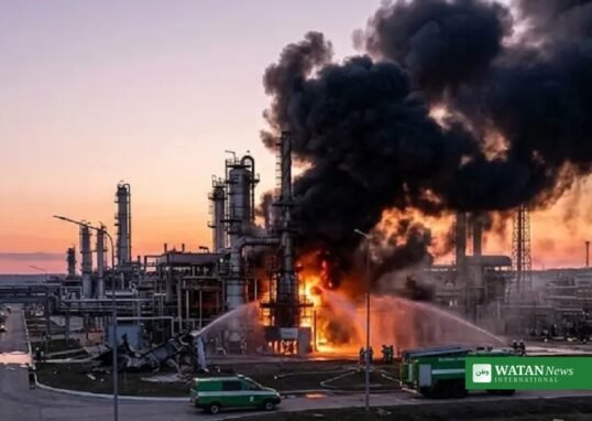 Thick black smoke rises over the Ufa oil refinery as firefighters battle a blaze after a reported drone attack