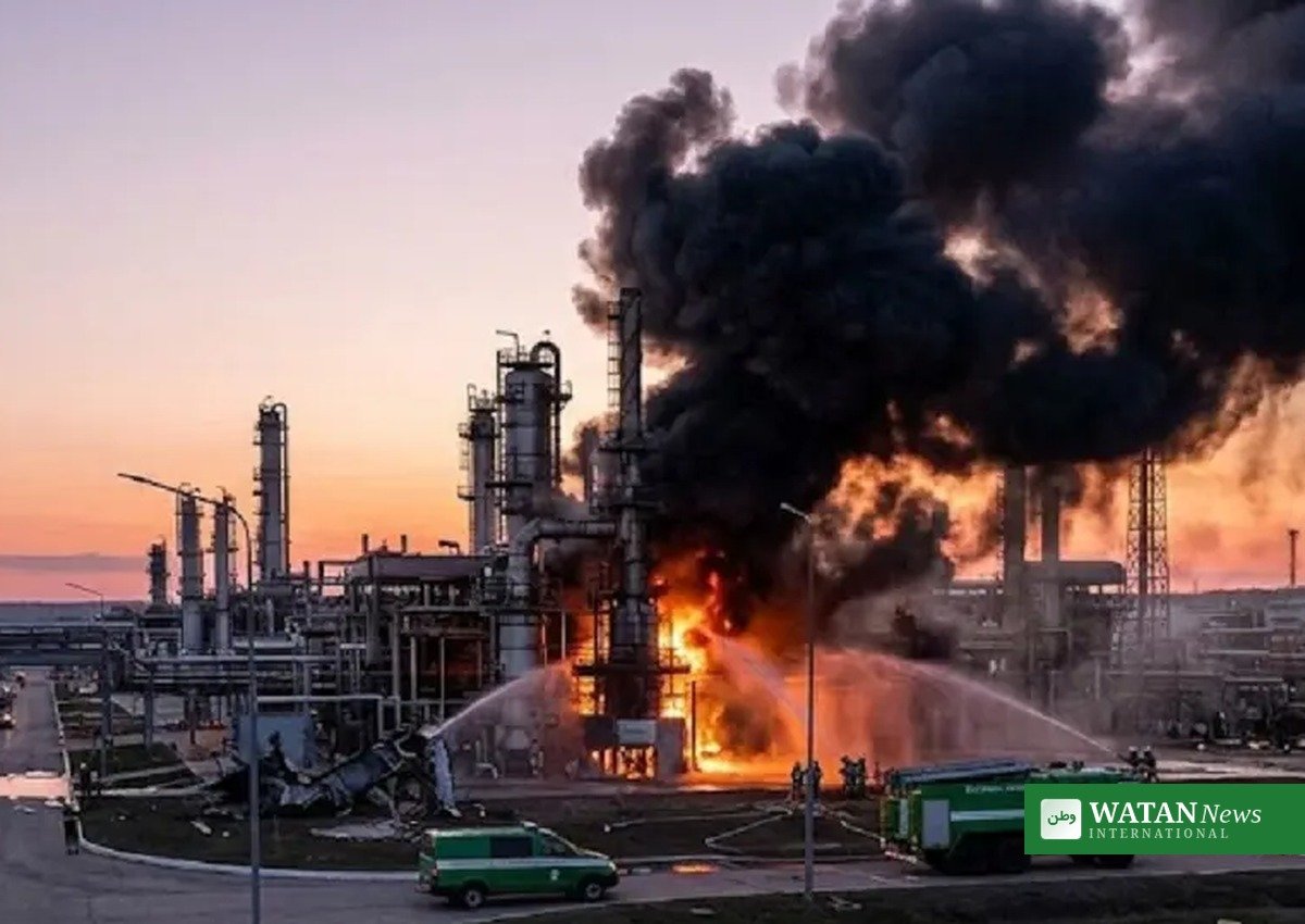 Thick black smoke rises over the Ufa oil refinery as firefighters battle a blaze after a reported drone attack