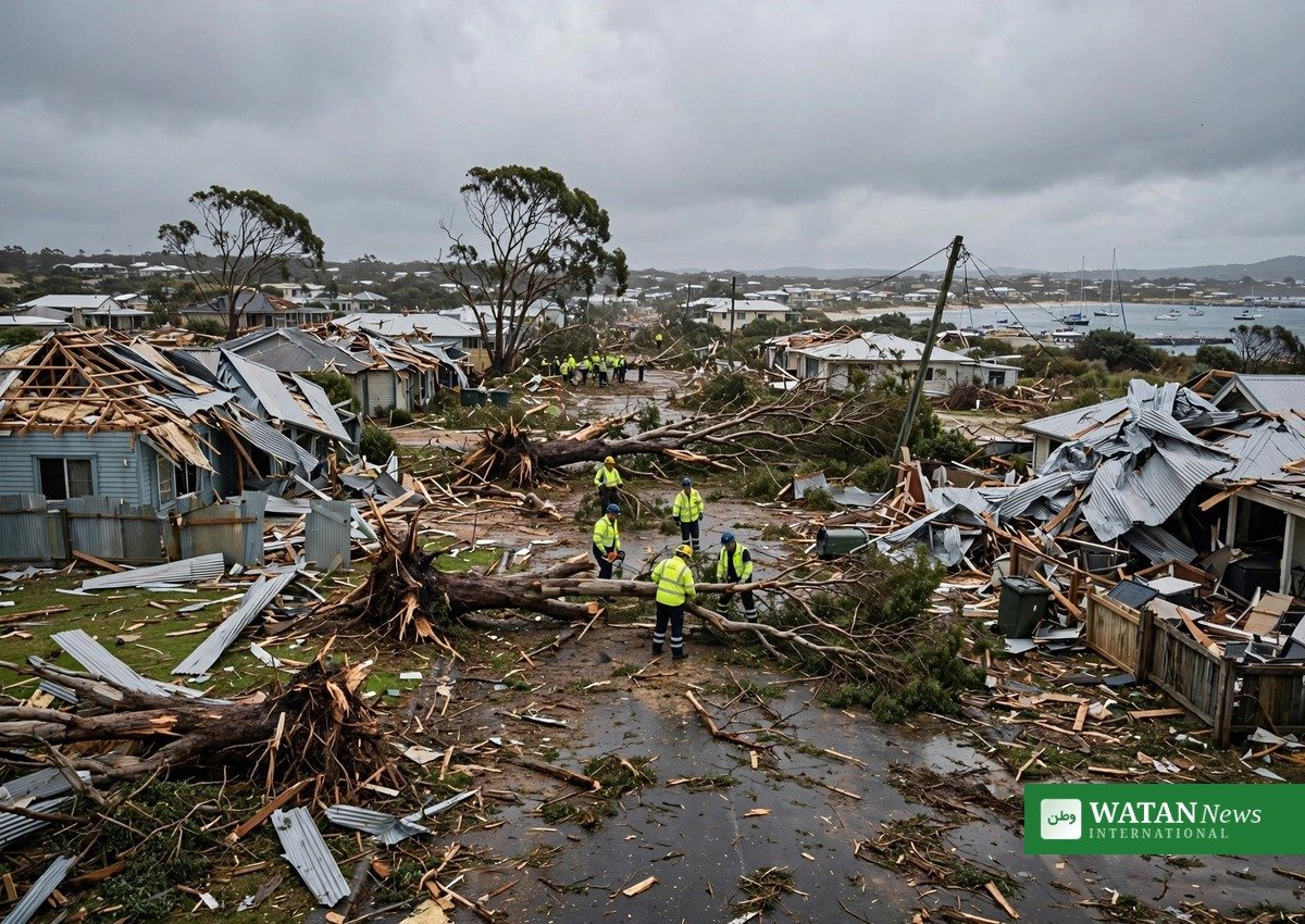 Damaged homes and uprooted trees in Ulladulla after the rare tornado in Australia, with emergency crews clearing debris