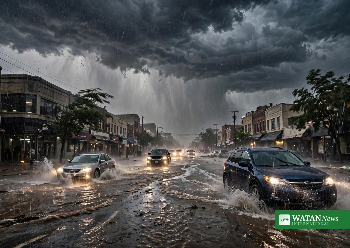 Flash flooding on a city street in Sydney after the severe storm system that produced the rare tornado in Australia