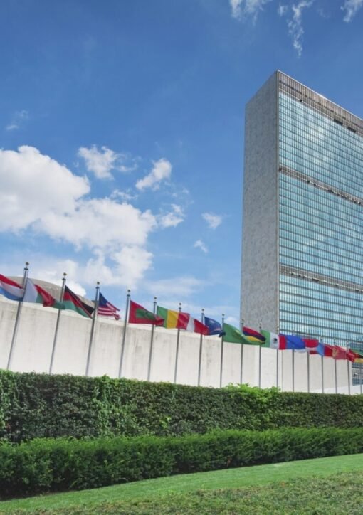 United Nations headquarters in New York with member state flags