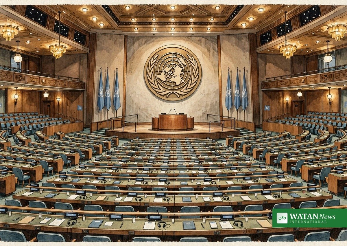United Nations General Assembly hall where Pakistan raised the Kashmir dispute — illustration for Kashmir dispute resolution