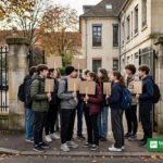 Students protesting outside a French high school during the French school protests
