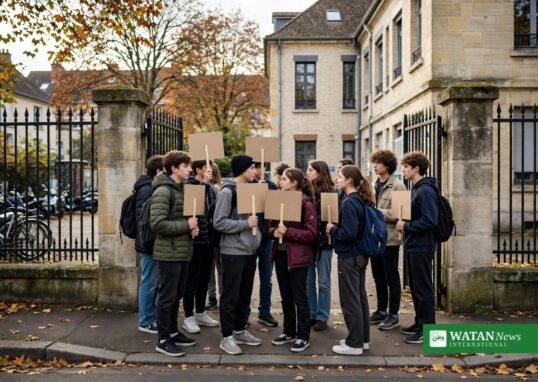 Students protesting outside a French high school during the French school protests