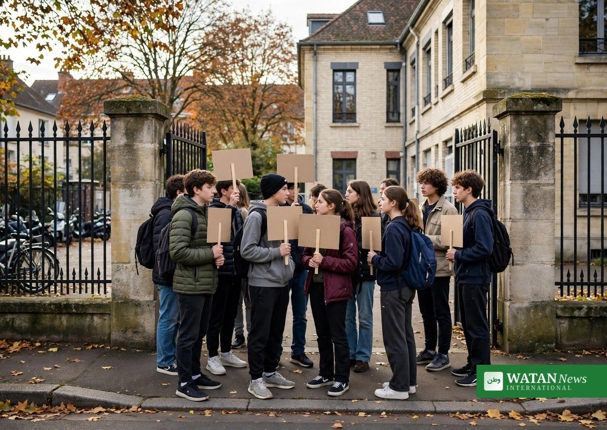 Students protesting outside a French high school during the French school protests