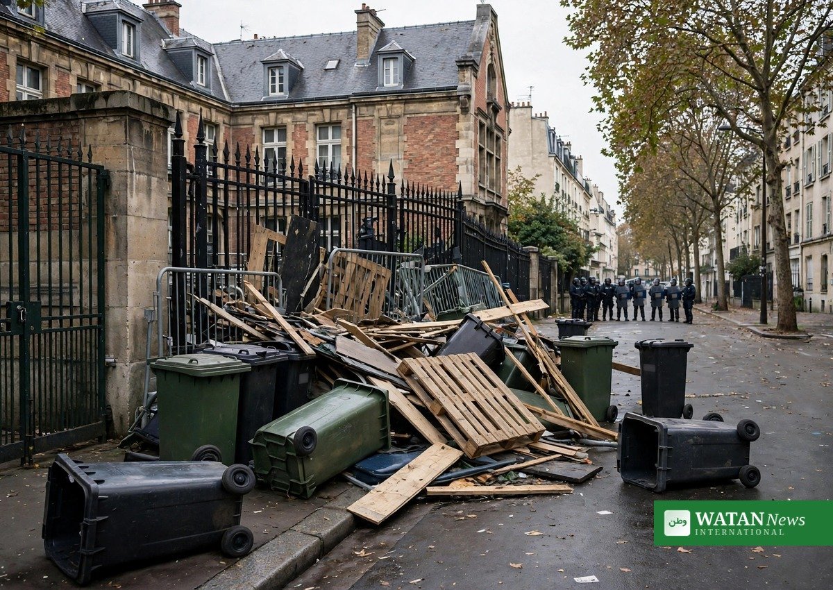 Barricaded French school entrance during the French school protests, with riot police in the background