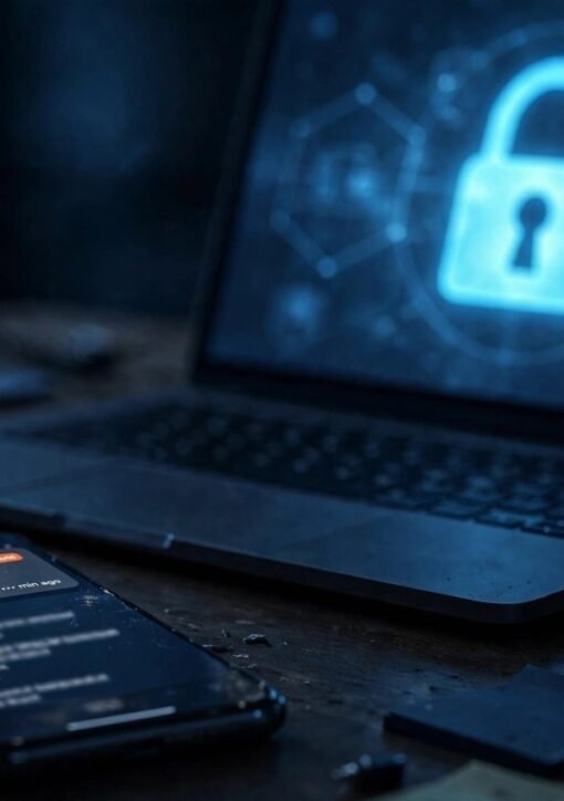 Smartphone og bærbar med sikkerhedsadvarsel — CPR-lækket øger risikoen for phishing