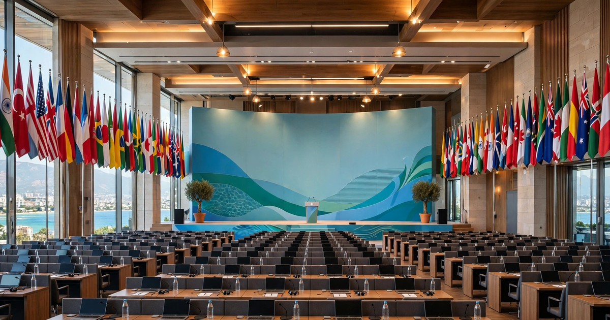 COP31 klimatopmødes konferencesal i Antalya med nationale flag og delegatborde