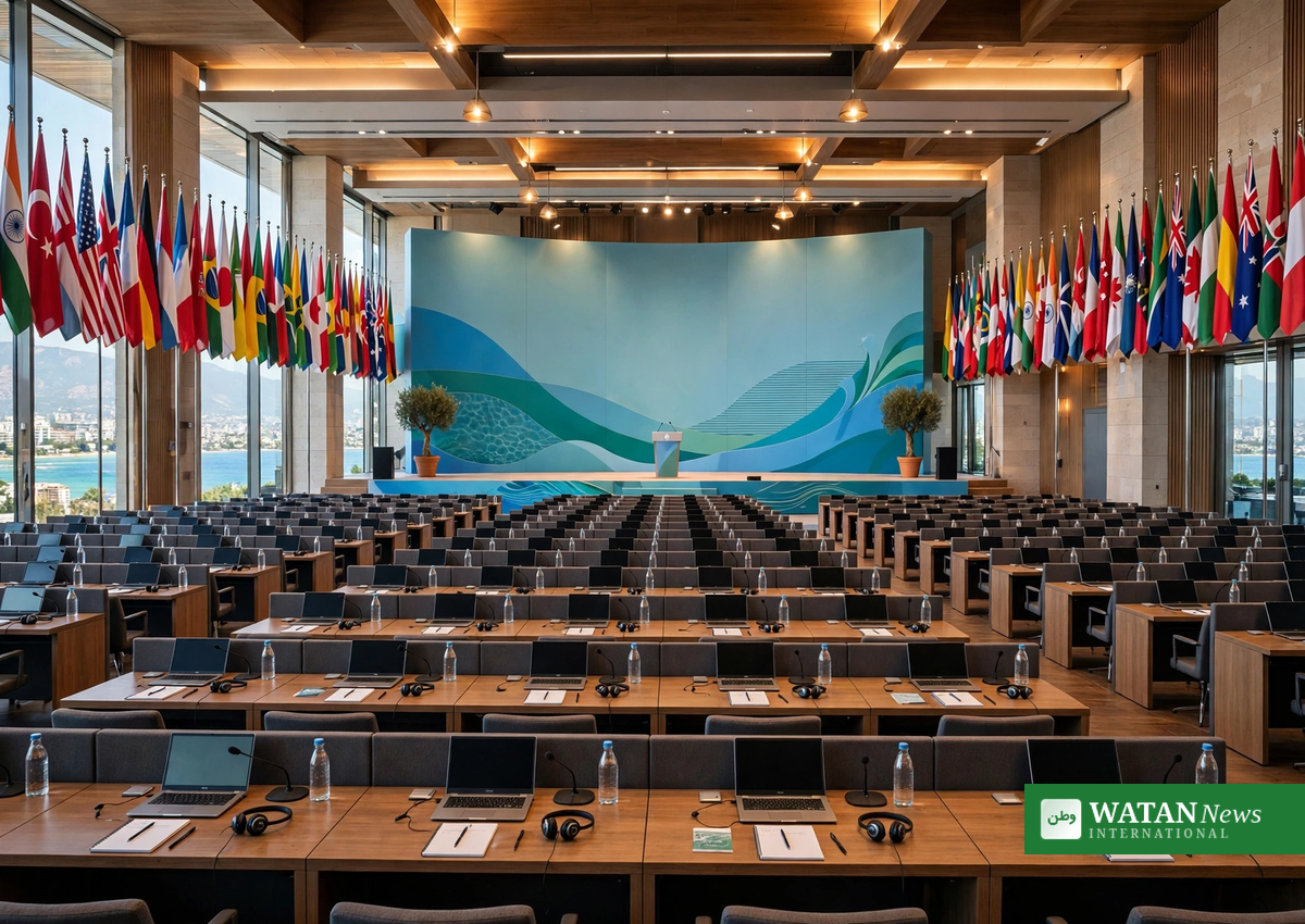 COP31 klimatopmødes konferencesal i Antalya med nationale flag og delegatborde
