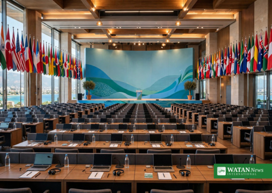 COP31 Antalya climate summit conference hall with national flags and delegate desks