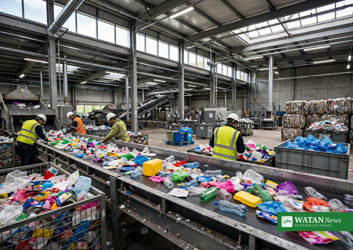 Workers sorting plastic waste on a conveyor belt at a recycling facility — California EPR producer plan