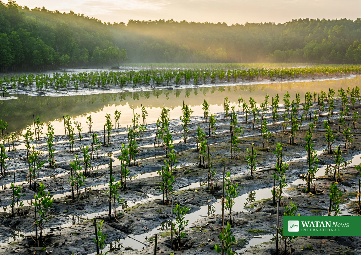 Unge mangroveplanter i SK Innovations mangroverestaureringsprojekt i Can Tho, Vietnam