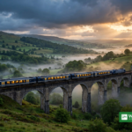 Night train crossing a stone viaduct through green hills at dusk, a low-carbon travel option