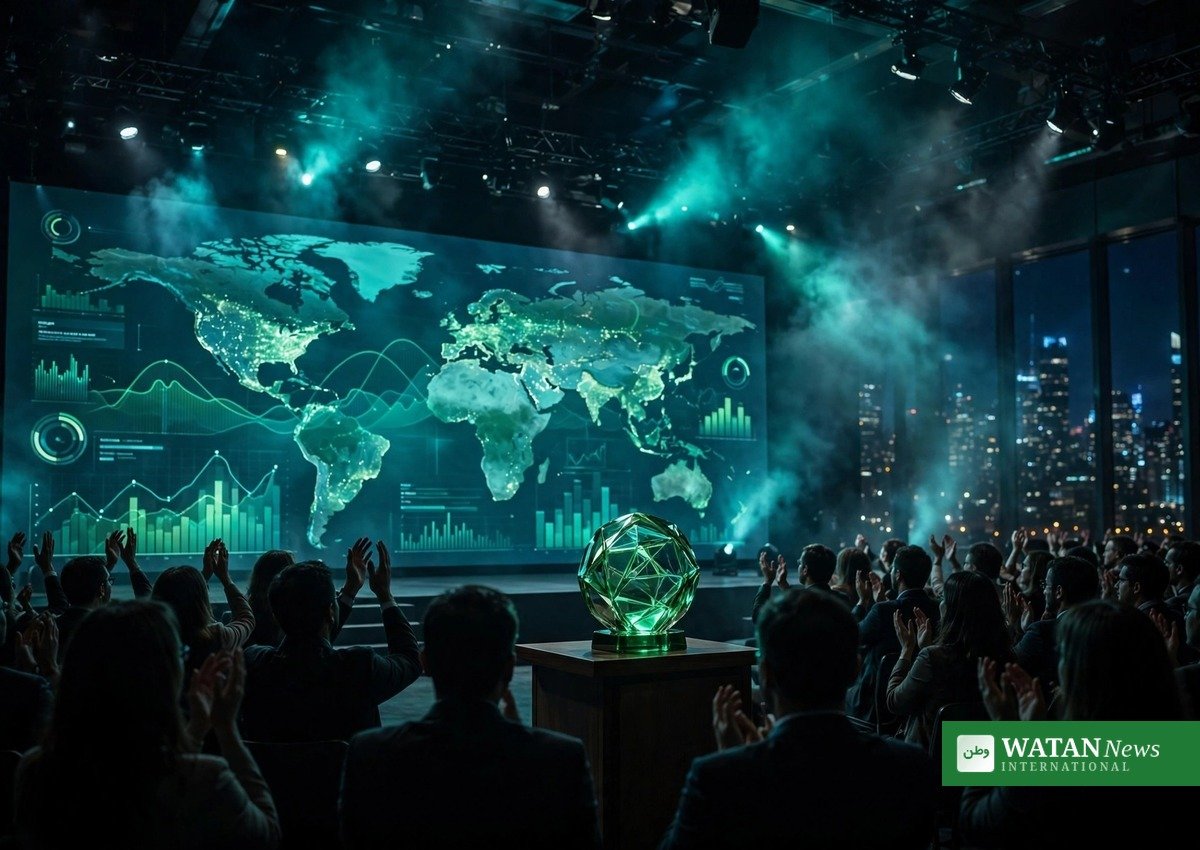 Green award trophy on stage at a climate conference - CGI Climate Champion Award