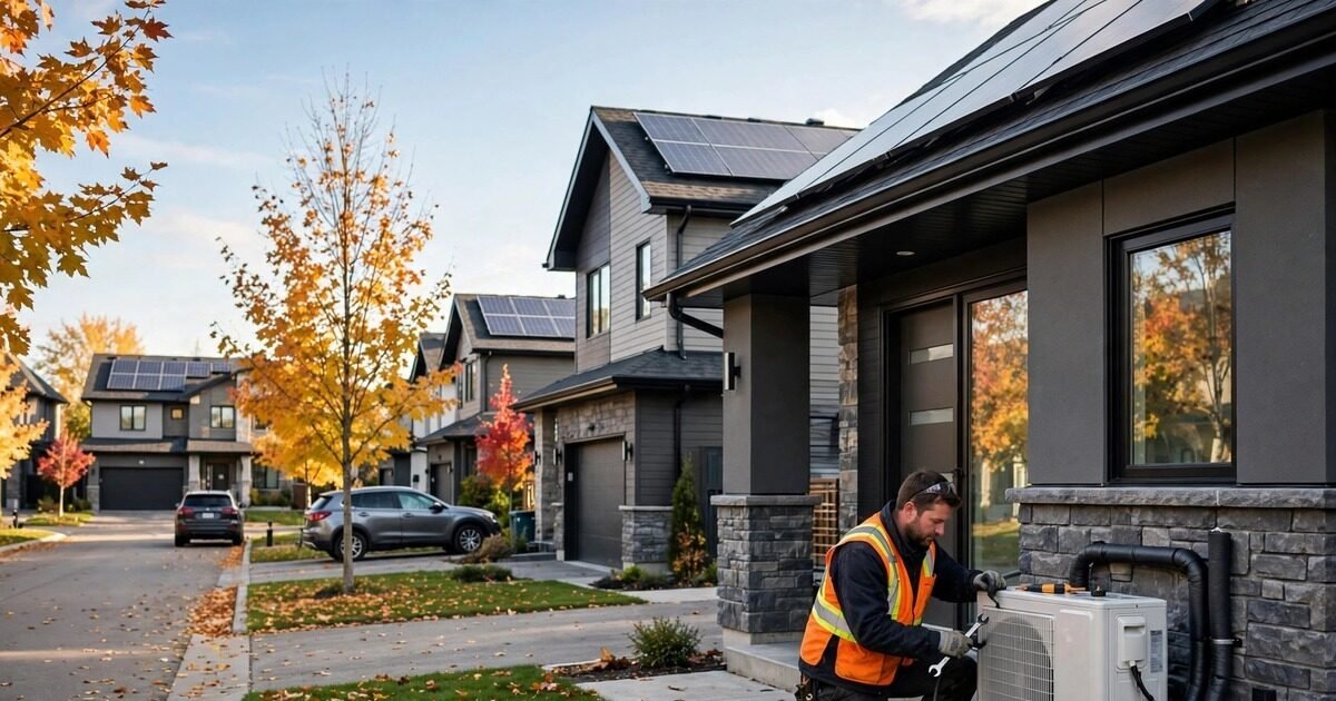 Sustainable living: Canadian home with solar panels and heat pump installation