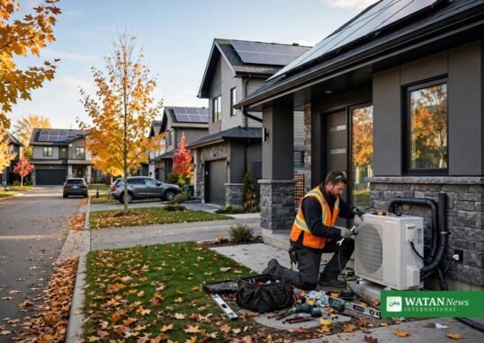 Sustainable living: Canadian home with solar panels and heat pump installation