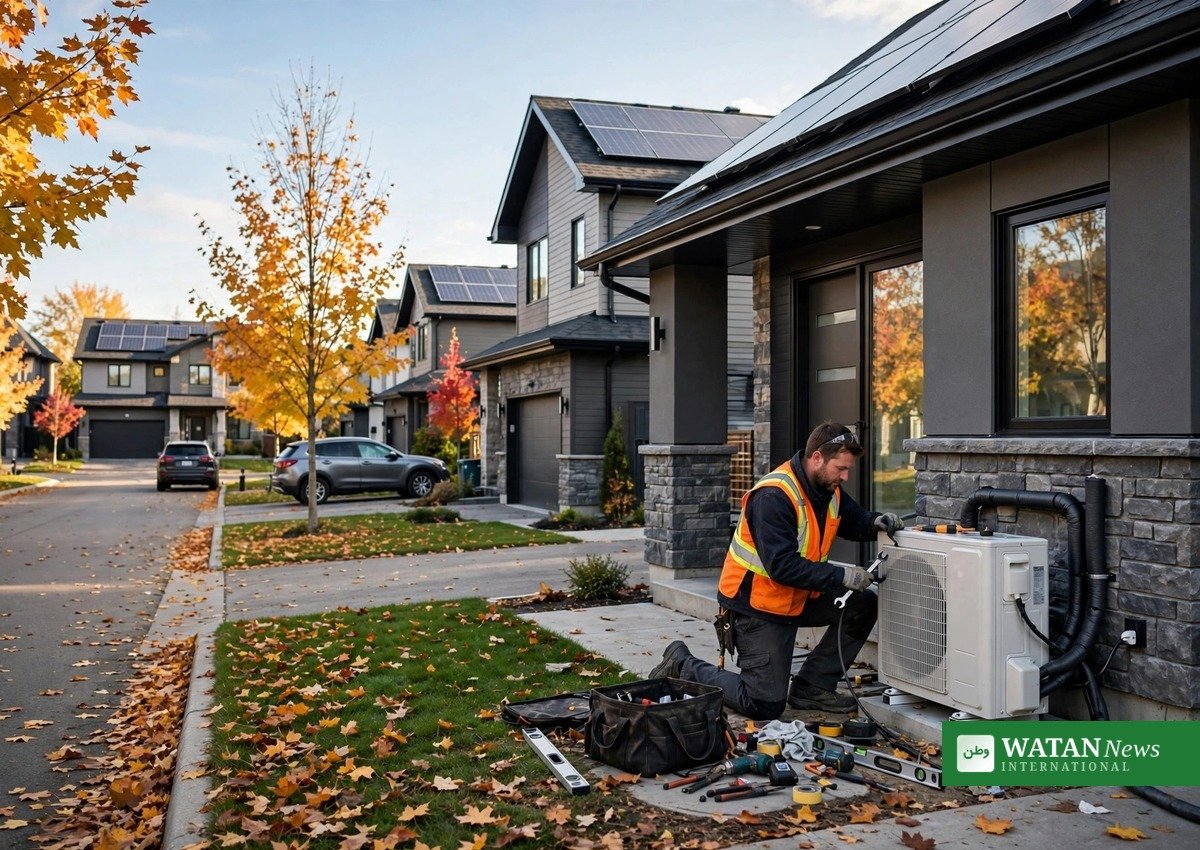Sustainable living: Canadian home with solar panels and heat pump installation
