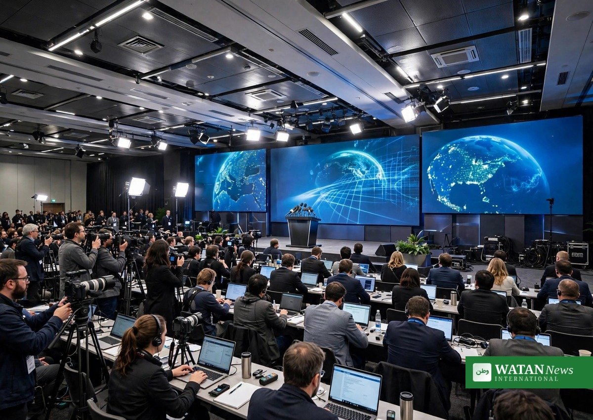 COP31 journalism fellowships: press briefing inside a large climate conference hall