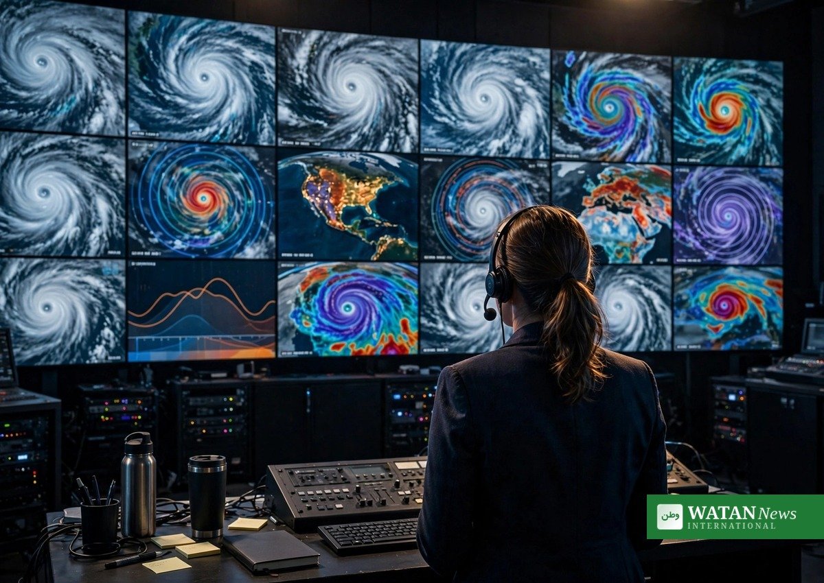 Meteorolog i vejr-studie foran storm-satellitskærme - CGI Climate Champion Award