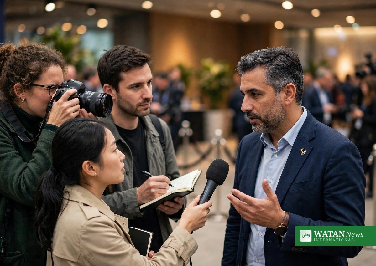 COP31 journalism fellowships: journalists interviewing a delegate in a climate summit press area
