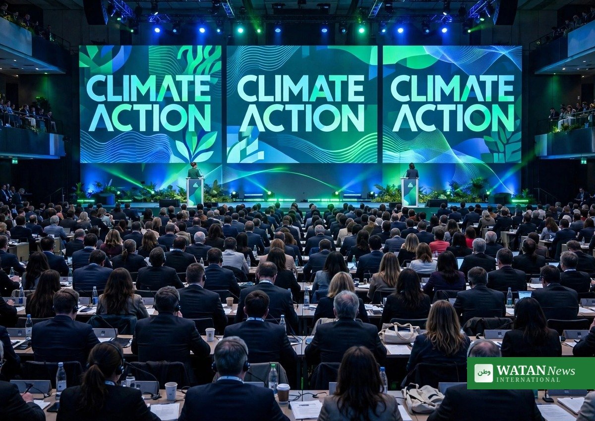 Delegerede ved klima-konferenceplenum med Climate Action-skærme - CGI Climate Champion Award