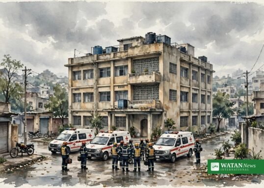 پشاور میں اسکول کی عمارت کے سامنے ریسکیو ایمبولینسز کا علامتی منظر
