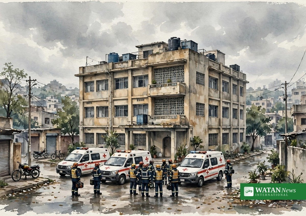 پشاور میں اسکول کی عمارت کے سامنے ریسکیو ایمبولینسز کا علامتی منظر