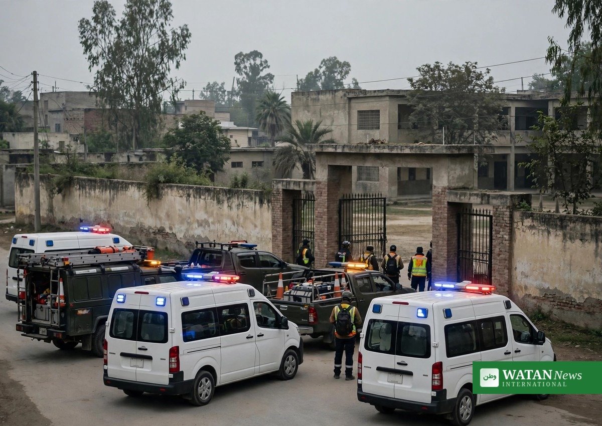 اسکول کے گیٹ کے باہر ریسکیو گاڑیاں — علامتی منظر