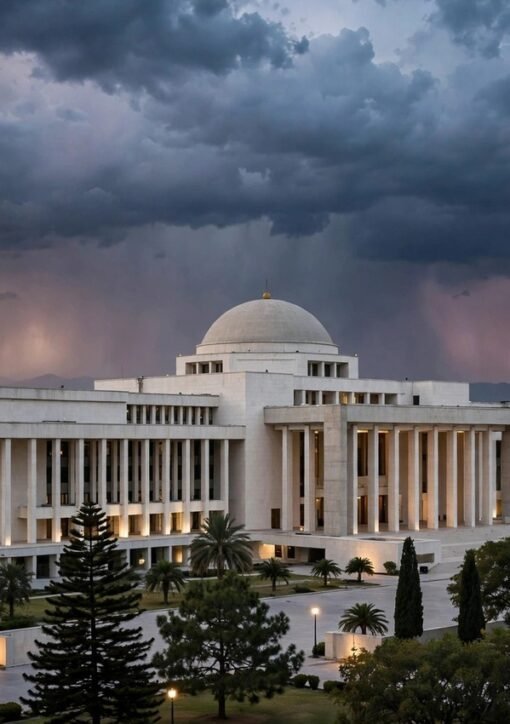 شام کے وقت وفاقی آئینی عدالت کی عمارت — سہیل آفریدی کے خلاف درخواست کی سماعت کا علامتی منظر
